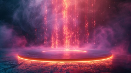 Vivid, futuristic portal emanates fiery particles upwards, surrounded by mysterious fog and glowing neon circle on ground, generative ai