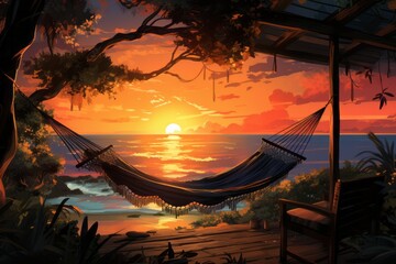 A hammock on a porch by the water, with a view of the ocean at sunset