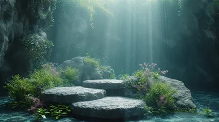 Papier Peint photo Lavable Route en forêt An ethereal underwater scene with sunlight filtering through, highlighting rocks and plants in a tranquil setting, generative ai