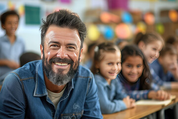 Fototapeta premium Portrait of smiling male teacher in a class at elementary school looking at camera