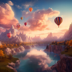 Dreamy landscape with hot air balloons. 