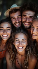 Group of five joyful young adults with bright smiles, huddled closely, enjoying a sunny day outdoors, generative ai