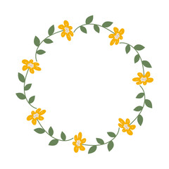 Spring minimalist floral Wreath with copy space. Hand drawn frame with Yellow flowers. Flat summer decoration elements for invitation cards posters