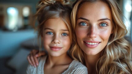 A smiling woman and a young girl with blue eyes and blonde hair appear closely bonded