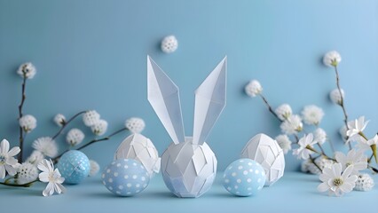 Artistic Easter Bunny Ears and soft colored Eggs Floral Arrangement on Soft Background