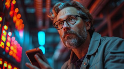 A man with glasses looks surprised while holding a smartphone in a neon-lit environment