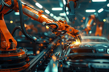 robotic arms welding parts on car body on automated production line