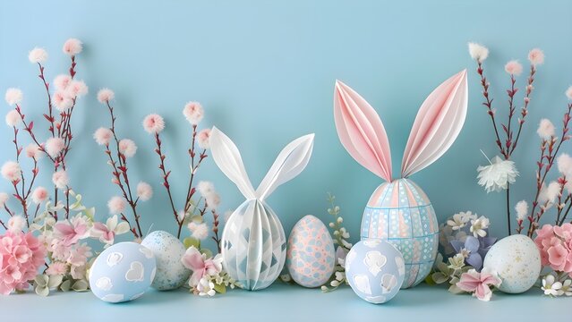 Artistic Easter Bunny Ears and soft colored Eggs Floral Arrangement on Soft Background