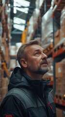 A man with a beard stands inside a warehouse looking upwards, shelves with boxes visible