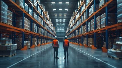 Two workers wearing safety vests and hard hats walk through a well-organized, large warehouse with shelves - obrazy, fototapety, plakaty