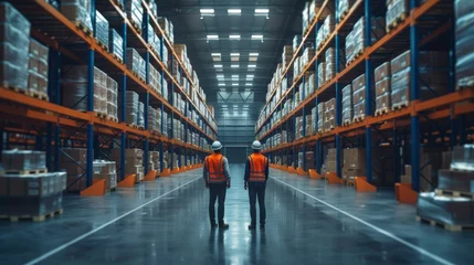 Foto op Canvas Two workers wearing safety vests and hard hats walk through a well-organized, large warehouse with shelves © TheGoldTiger