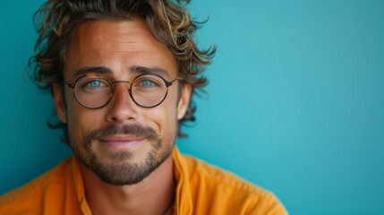 Obraz premium A smiling man with curly hair and glasses, wearing an orange shirt against a turquoise background