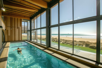 Shot of indoor pool with large windows overlooking the beach, person swimming