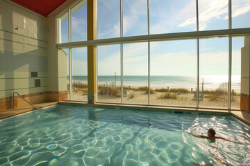 Shot of indoor pool with large windows overlooking the beach, person swimming