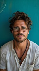 Obraz premium A man with tousled hair and glasses wearing a white shirt against a blue background