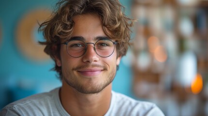 Fototapeta premium A smiling young man with glasses, curly hair, and a blurry background indicating a relaxed setting