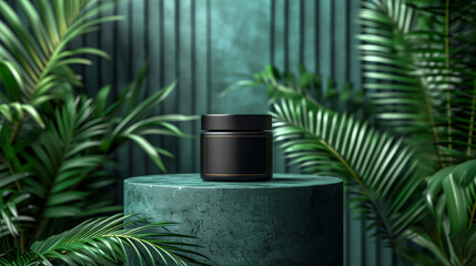 Face and body cream in a black jar with jungle background with leaves. Concept of skincare cosmetics with herbs. Health and beauty.