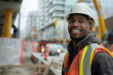 
Smiling construction worker wearing a white hard hat and reflective vest 