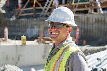 
Smiling construction worker wearing a white hard hat and reflective vest 