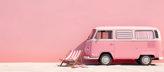 a pink van with a chair next to it