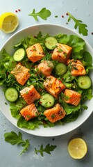 A fresh salad with smoked salmon, cucumber slices, arugula, dill, lemon, and peppercorns on a plate