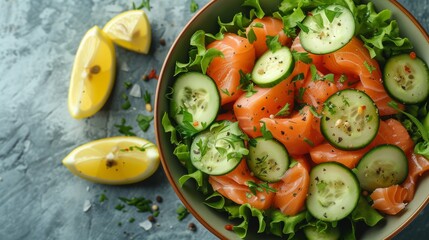 A fresh salmon salad with cucumbers, arugula, lemon wedges, herbs, and spices in a bowl - obrazy, fototapety, plakaty