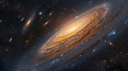 A panoramic view of the universe, where a massive spiral galaxy dominates the center, surrounded by...