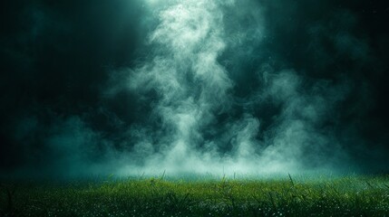 Ethereal blue mist swirls above a dewy meadow under a starry sky, evoking mystical tranquility