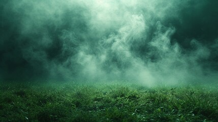 Eerie green fog hovers over lush grass in a mysterious, possibly mystical or spooky night setting