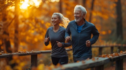 Two people are jogging together on a wooded path with autumn leaves, looking happy and healthy - Powered by Adobe