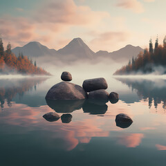 Floating rocks in a serene lake.