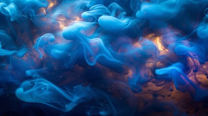 An enchanting underwater scene where streams of electric blue and emerald green smoke weave through the water, their vivid colors enhanced by the ethereal sparkling of light reflections from above