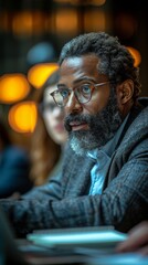 A thoughtful man with glasses and a beard, listening intently in a meeting with warm lighting