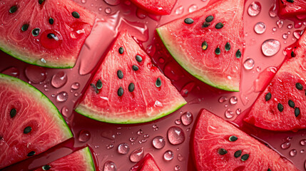 Delicious fresh watermelon slices as background. Top view. - obrazy, fototapety, plakaty