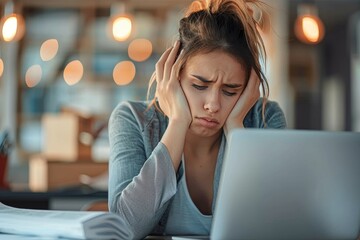 A distraught woman sits alone, her head buried in her hands as she stares intently at her laptop, consumed by the digital world and her own inner turmoil