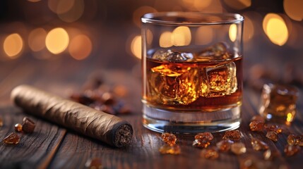 A glass of whiskey with ice, scattered caramelized sugar, and a cigar on a wooden table