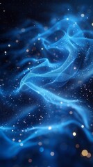 This image displays a digital illustration of a flowing blue nebula-like structure with twinkling stars and bokeh effects