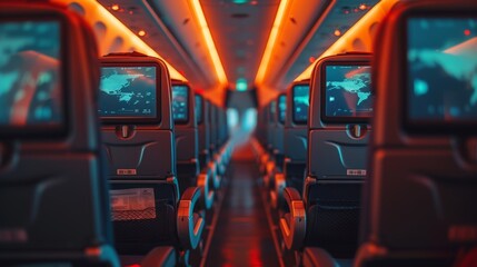 An airplane cabin at night with rows of seats and personal entertainment screens displaying world maps - obrazy, fototapety, plakaty