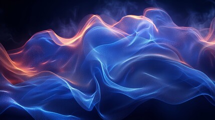 Obraz premium A digital illustration depicts a wavy, glowing blue fabric-like structure with red highlights and smoky background