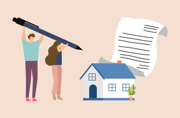 Flat design of &lsquo;home loan investment&rsquo; vector, couple&rsquo;s buying new house, home loan bill payment, man and woman are signing residence loan, man and woman are rental residence together vector.