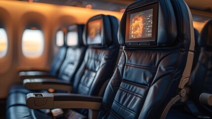 Airplane interior with rows of empty black leather seats and individual entertainment screens on backrests - obrazy, fototapety, plakaty