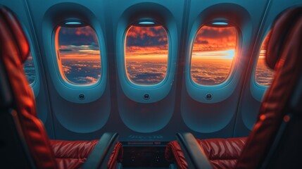Stunning airplane cabin view with red seats, blue walls, triple windows showcasing a fiery sunset sky