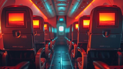 Airplane interior with rows of seats and screens glowing red, suggesting an ambiance or specific theme - Powered by Adobe
