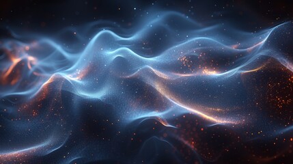This image depicts an abstract digital art with glowing blue wave-like patterns amidst sparkling...