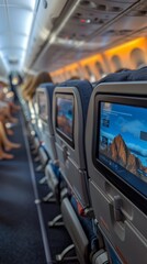 Fototapeta premium Airplane cabin interior with rows of seats, overhead compartments, and personal screens on seat backs