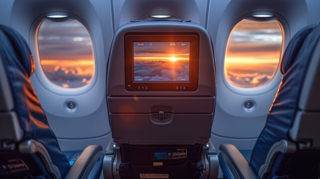 An airplane cabin during flight with a view of a sunset on the seat-back screen