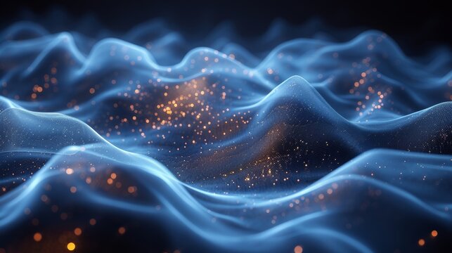 A digital illustration depicts waves of glowing blue fabric sprinkled with sparkling orange particles on a dark background