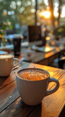 A warm cup of coffee sits on a wooden table with sunlight filtering through in the background