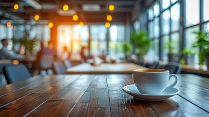 A steaming coffee cup sits foreground on a wooden table in a blurry, cozy cafe interior
