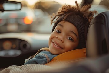 A young girl with a bright smile sits in the backseat of a car, her head barely visible above the car seat, as her mother drives them through the sunny outdoors - Powered by Adobe